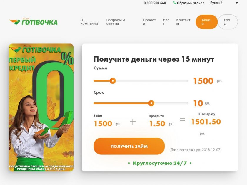 Кредит онлайн от «Ваша Готівочка» — кредитование под ноль процентов на карту банка Украины